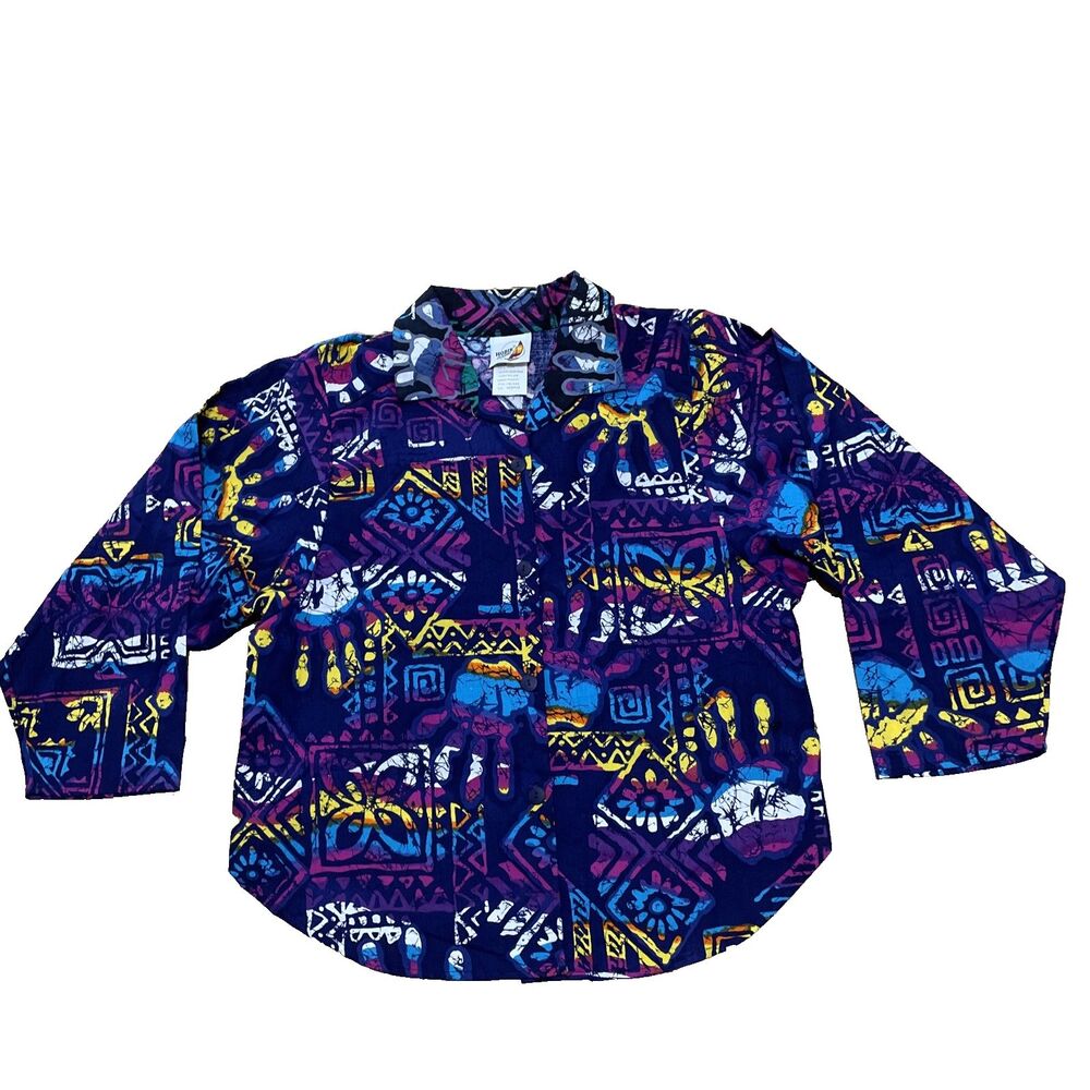 Vtg Hobie Juniors Button Shirt Women M Collar Made USA Purple Abstract Geometric